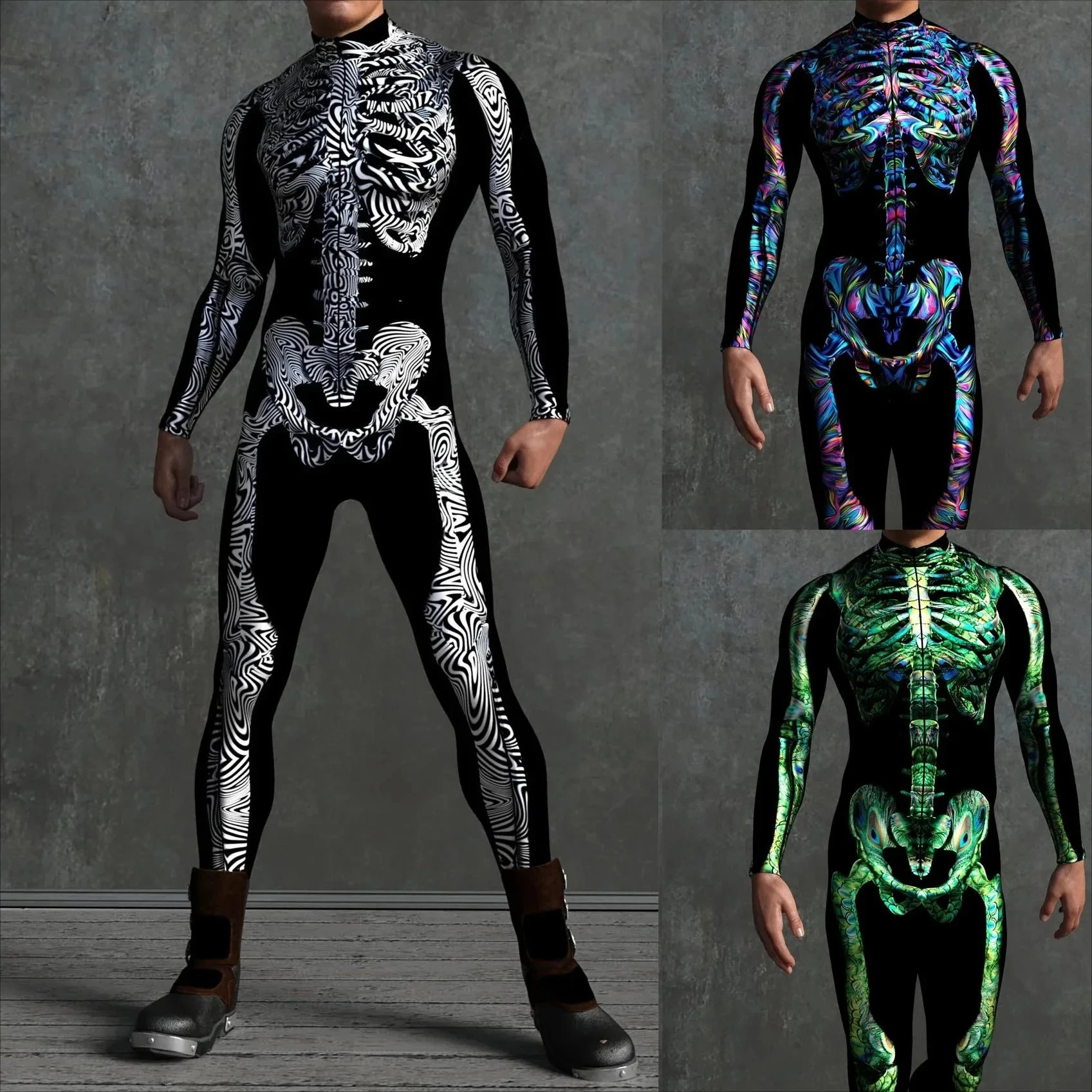 Halloween Men Women 3D Printed Colorful Skull Cosplay Jumpsuit Cyberpunk Zentai Suit Carnival Party Aerial Performance Bodysuits