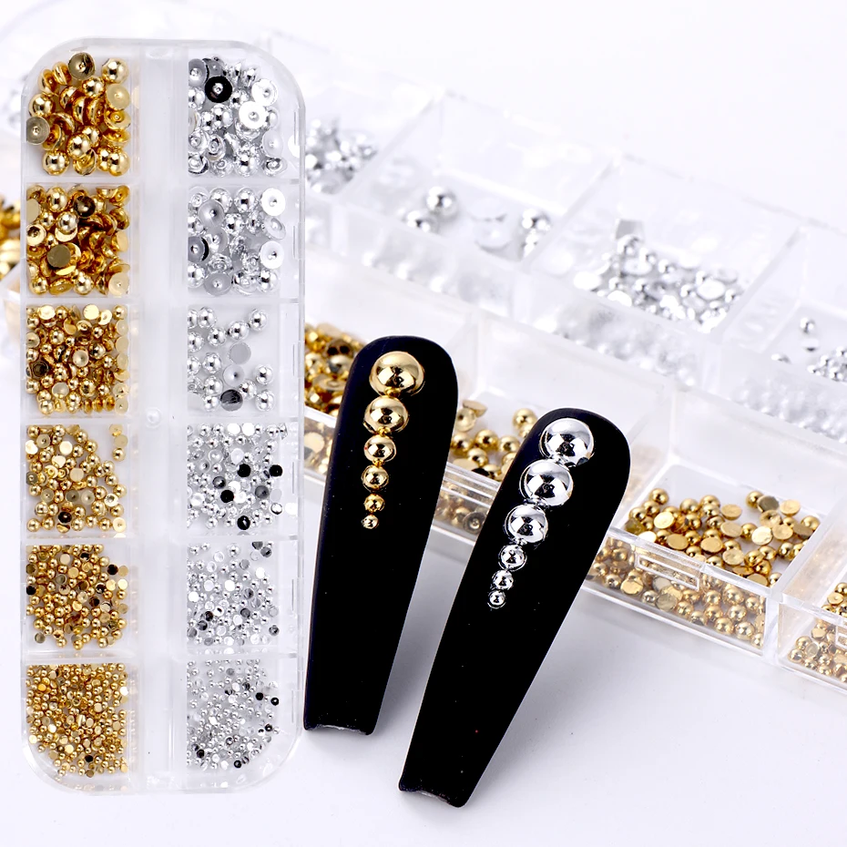 12Grids Gold Silver Color Mixed Type Flat Half Round Pearl Nail Parts Flatback Ornament 3D Jewelry Manicure Accessorie Supplies