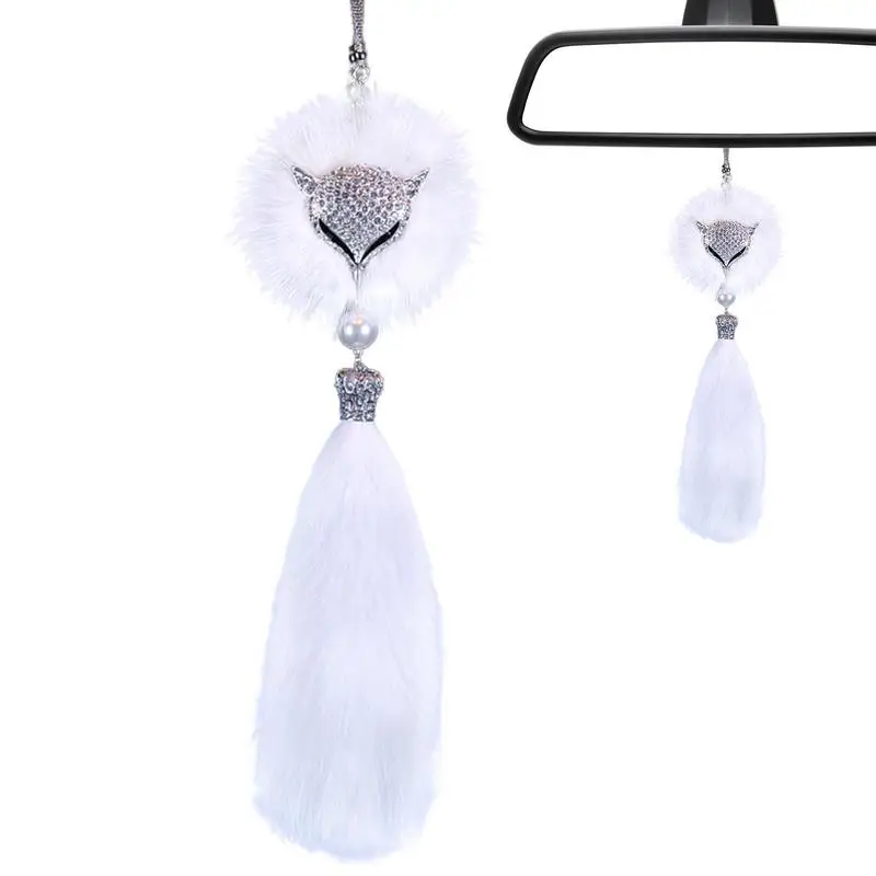 Bling Car Ornament Fox Ball Crystal Car Rear View Mirror Charm Fox Hair with Crystal Car Decoration for Lucky Car Accessories