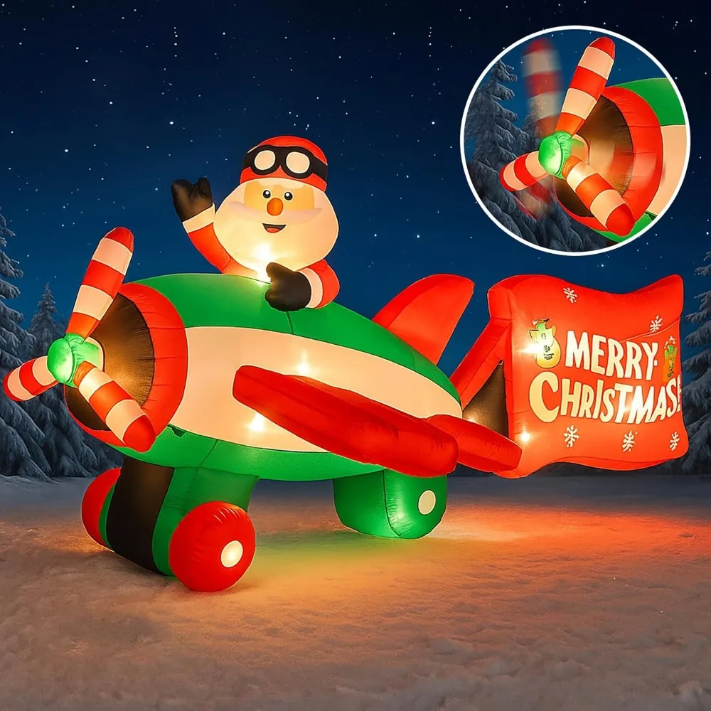 

10.5 FT Animated Christmas Inflatables Santa Claus on Airplane, Santa Claus on Helicopter with Merry Christmas Banner, Xmas Blow