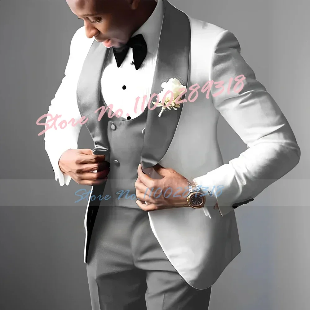 White Men's Wedding Tuxedo Elegant Men's Suit Jacket Pants Vest 3-piece Set Wedding Suits for Men  Costume Homme Italien