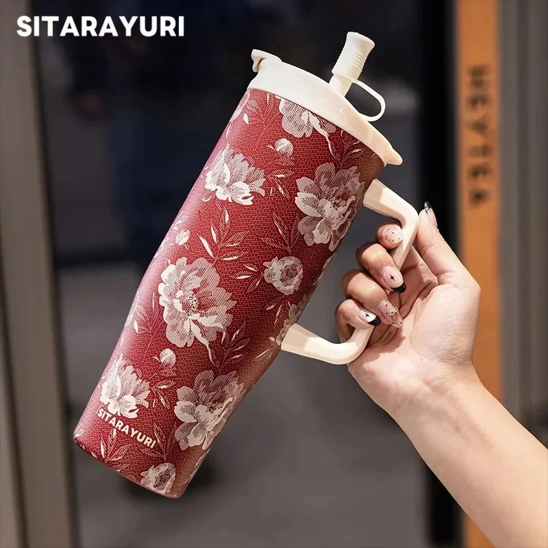 SITARAYURI 1200ML Thermos Cup with Straw Stainless Steel Decal-Art Vacuum Flasks Keeps Cold Car Travel Ice Tumbler Insulated