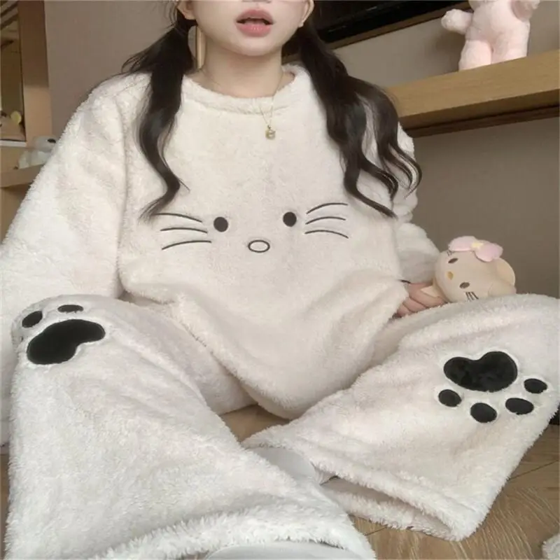 

Комплект Sanrio Hello Kitty (корейская версия): утепленный флисовый костюм для дома и улицы, осень-зима, простой, новый, утолщенный, с длинными рукавами, теплый