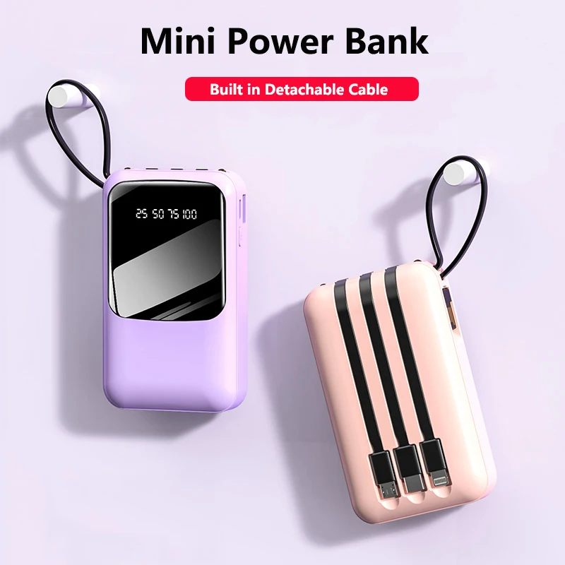 

Mini Power Bank 20000mAh Built in Cable Portable Charger External Battery Pack For iPhone 15 Samsung S24 Huawei Xiaomi Powerbank