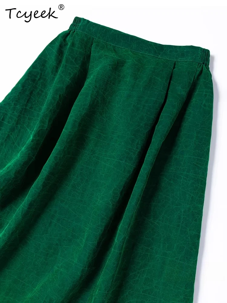 Tcyeek 100% Real Silk Long Skirts for Women 2026 Spring Elastic Waist Vintage Elegant Skirt Woman Clothing Faldones Para Mujer