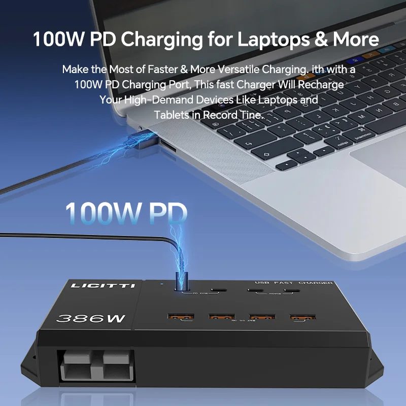 386W PD 100W 45W QC3.0 USB 3.0 Fast Charger 12V/24V 4 Type-C 4 USB Ports OVP 360 Rotation For Laptops/Phones Home/Car Use