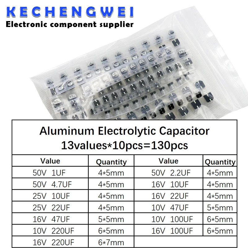 

130pcs/LOT 1uF-220uF SMD Aluminum Electrolytic Capacitor Assorted Kit Set, 13values*10pcs=130pcs Samples Kit