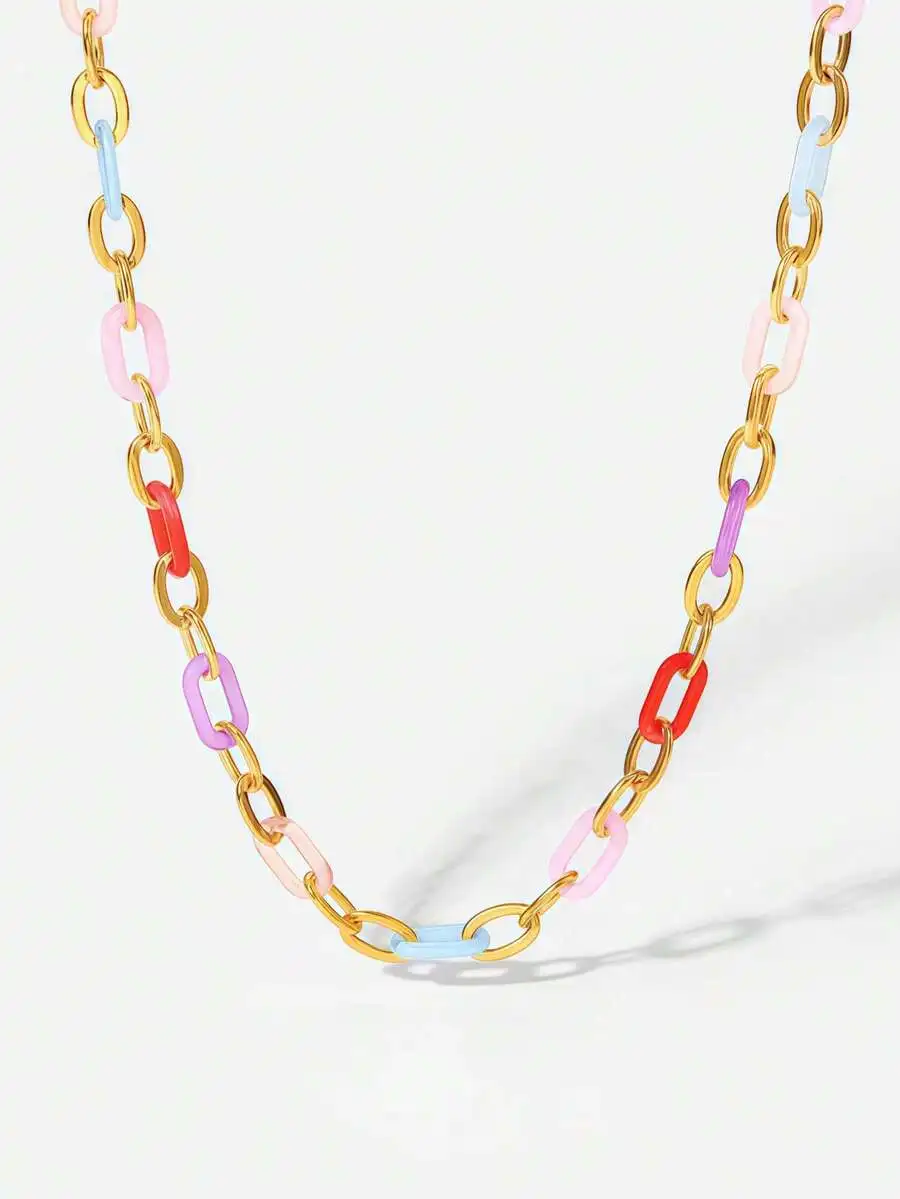 

Colorful Link Chain Necklace For Women, Gold-Tone Stainless Steel With Pastel Acrylic Links, Boho Beach Style Jewelry