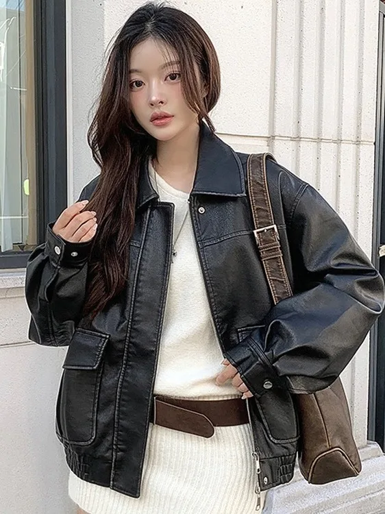 Jaqueta de Couro Marrom Retro Americana para Mulheres, Estilo Chic de Outono/Inverno, Nova Moda de Hong Kong, Jaqueta de Cour...