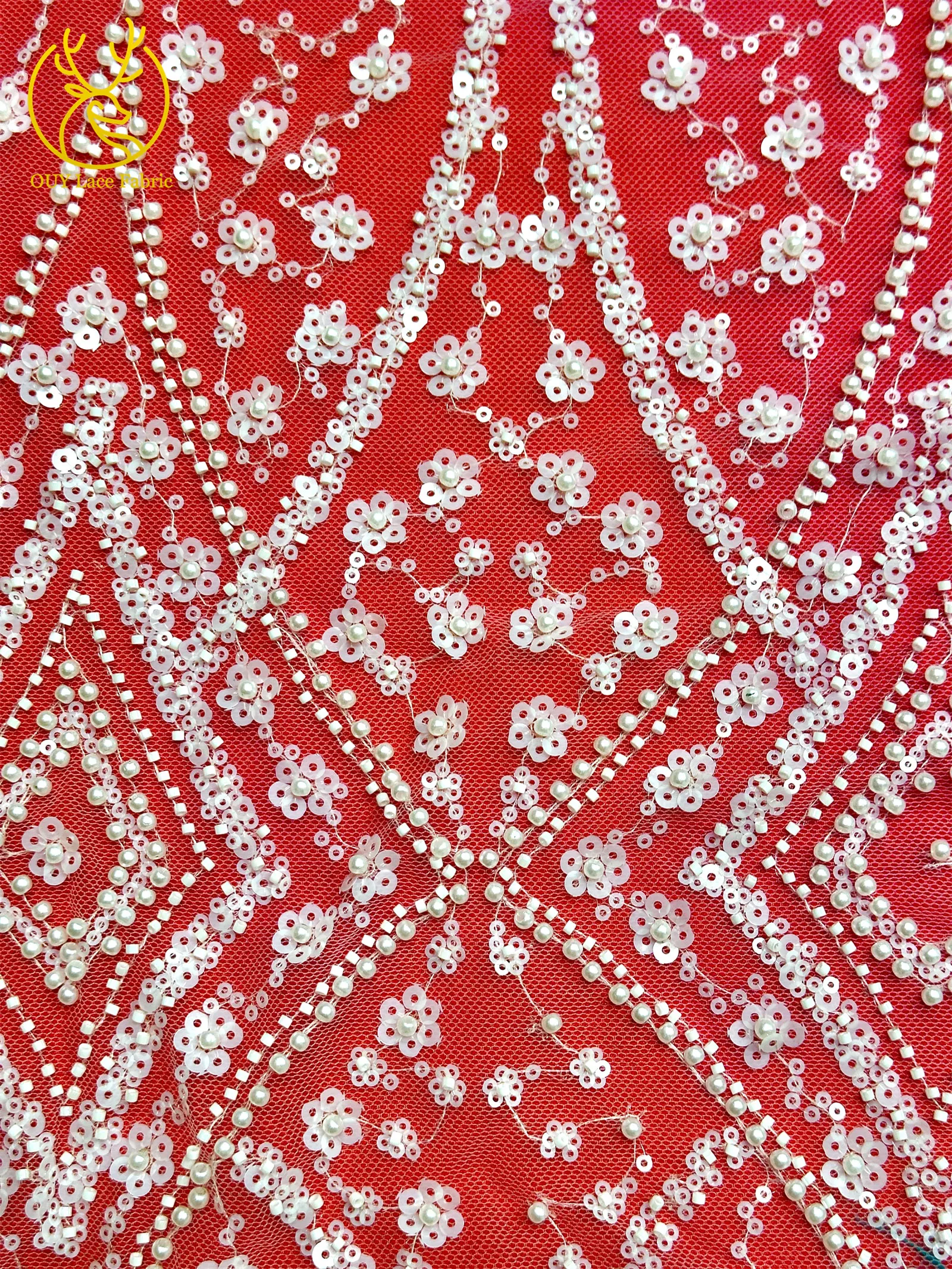 Eleganter, heller französischer Hochzeits-Spitzenstoff 2026 – Hochwertiger afrikanischer Perlen-Pailletten-Spitzenstoff für Damen-Abendkleider – Detail 12