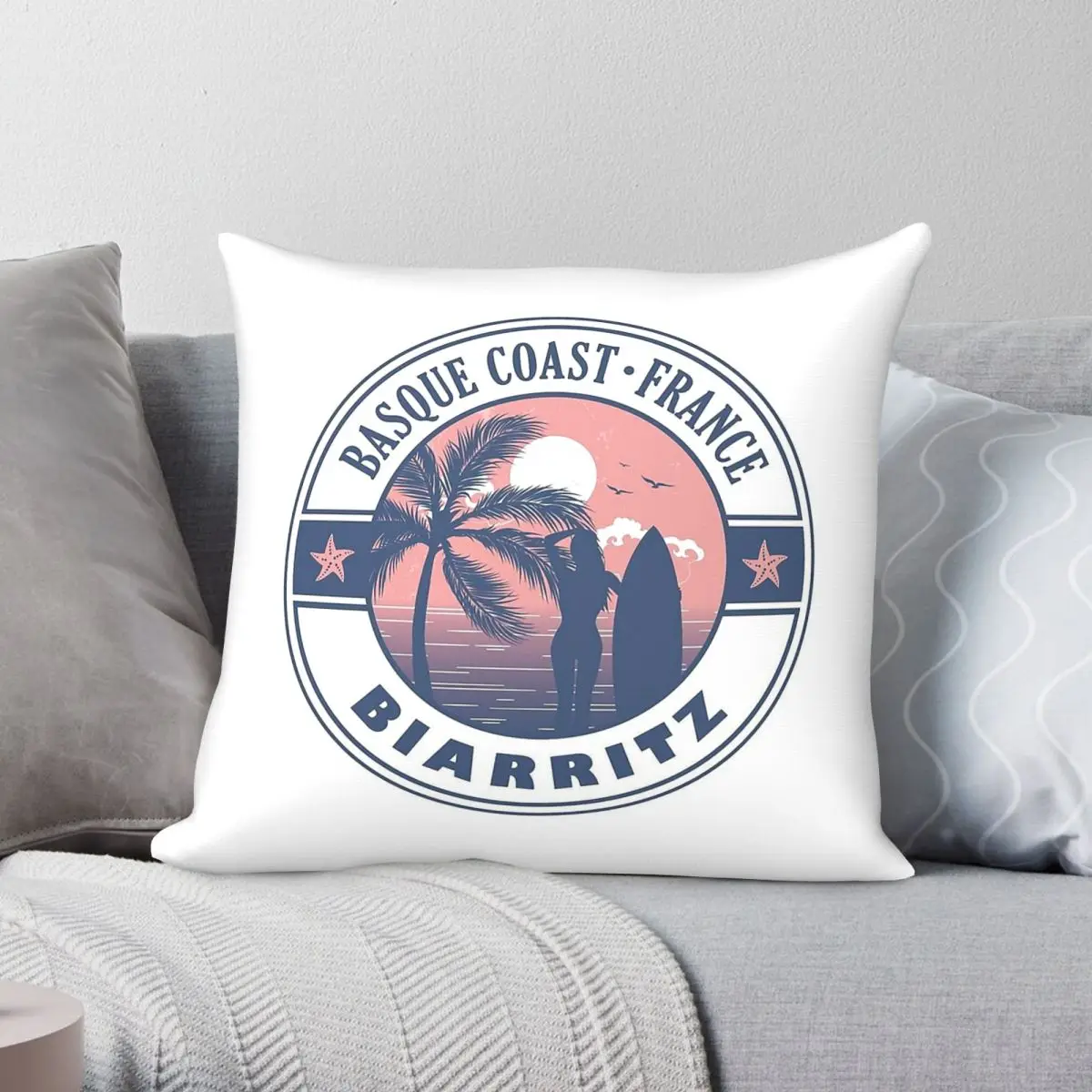 Biarritz Basque Coast France Surfing Square Pillowcase Polyester Linen Velvet Printed Zip Decor Home Cushion Cover