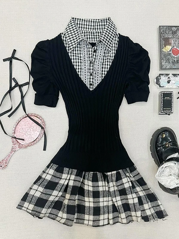 Boya Girl Original Bla Plaid Splicing ort Sve T-irt Women Summer Vintage Vintage Clothing Top Trendy  irt