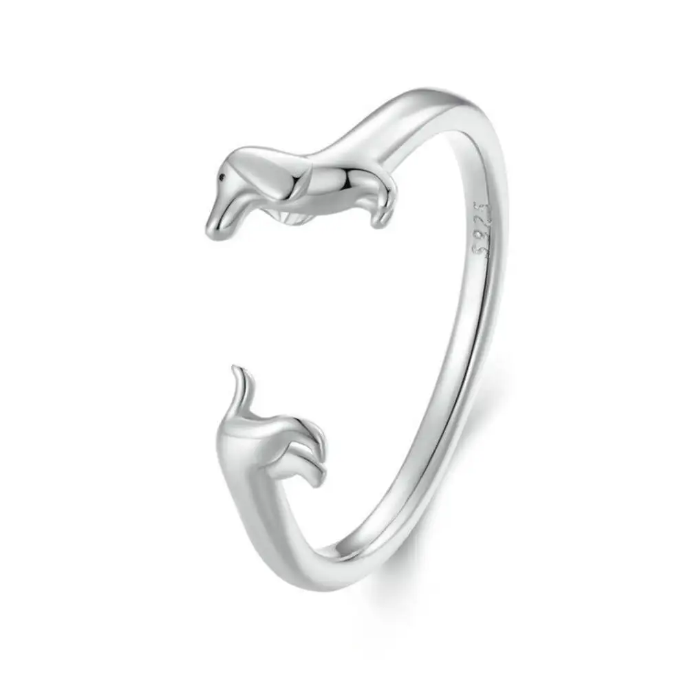 Dachshund Dog Shape Open Adjustable Ring 925 Silver Cute Animal Sculpted Fine Jewelry For Women Pet Lover Daily Party Gift