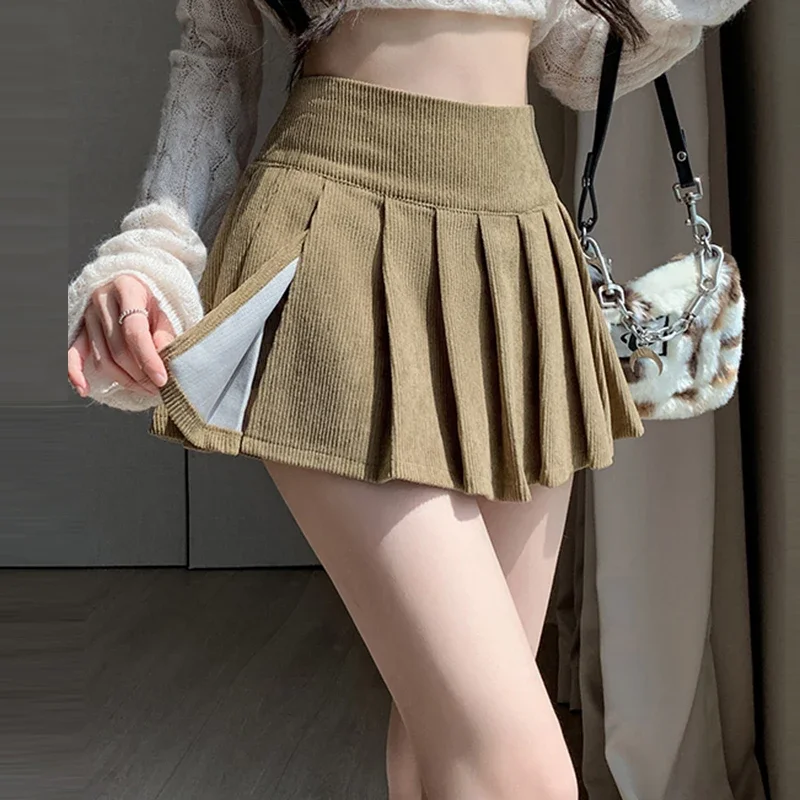 Autumn Winter Retro Women's Corduroy Pleated Skirt 2024 High Waist Casual Vintage School Short Saias Femme