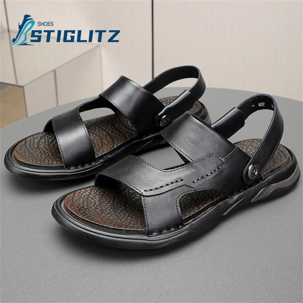 

Men's Summer Beach Non-Slip Sandals Genuine Leather Oxford Soft Sole Moccasins Sandals Slippers Two Ways To Wear Casual Flats