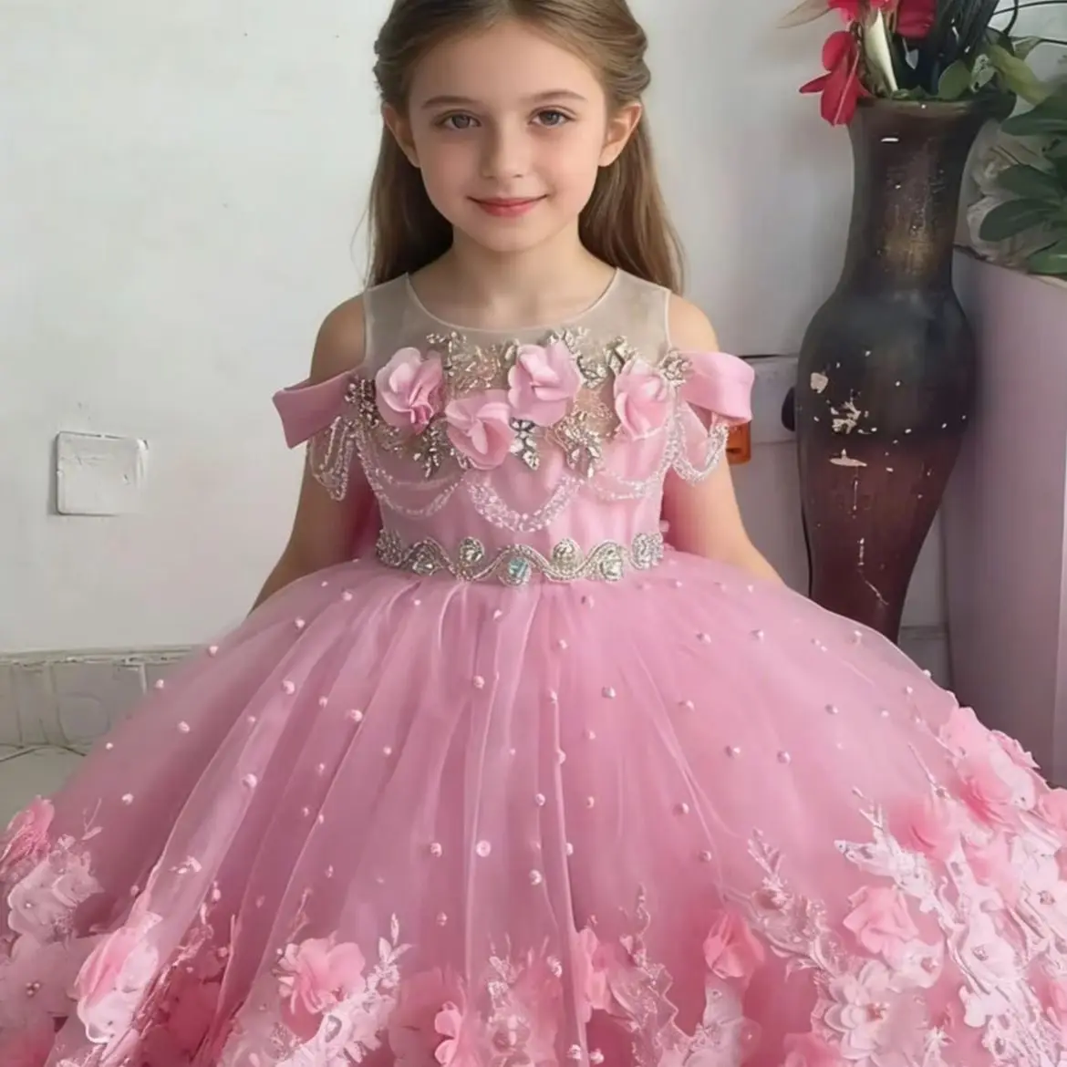 Pink Customized Flower Girl Dress for Wedding Lace Appliqued with Bow Floor Lenght Girls First Birthday Party Communion Gowm
