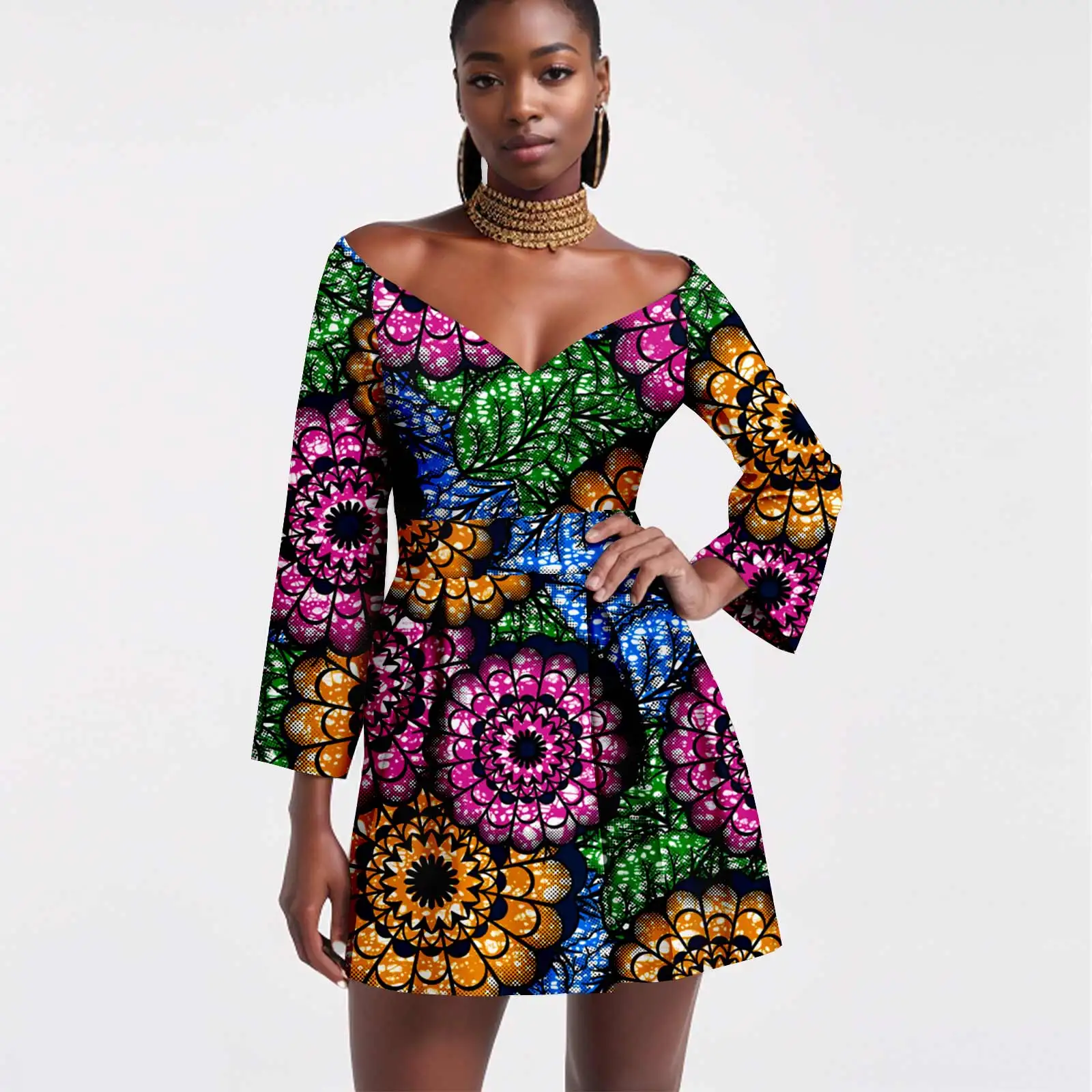 

Afripride African Women's Ankara Printed Fabric Dress Customized Loose V Neck Sexy Long Sleeve Dress Short 2425018