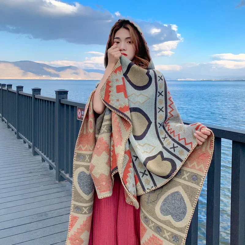 

2024 Brand Warm Cashmere Poncho Shawl Scarf Print Thick Pashmina Hooded Winter Blanket Wraps Bufanda Casual Stoles Echarpe T731