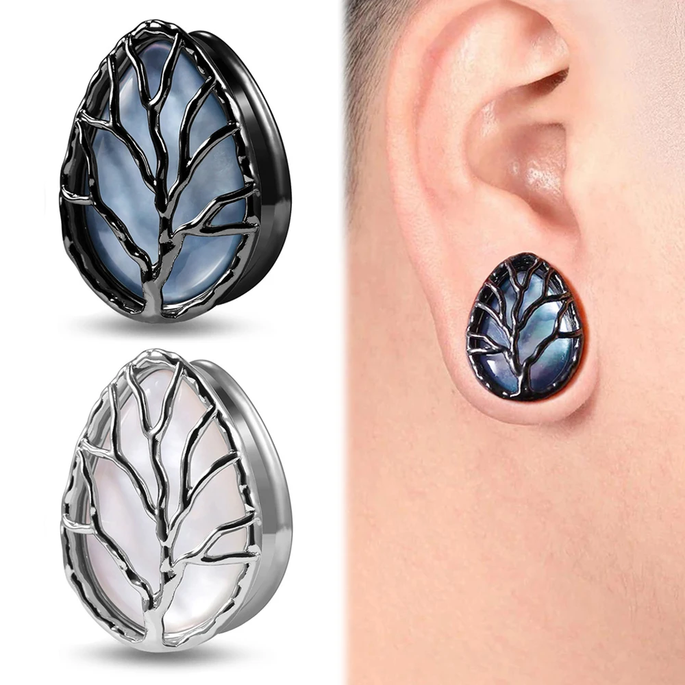 

6pcs/lot New Stainless Steel Shell Life Tree Drop Shape Ear Earring Gauges Piercing Body Jewelry Tunnel Stretchers Expanders