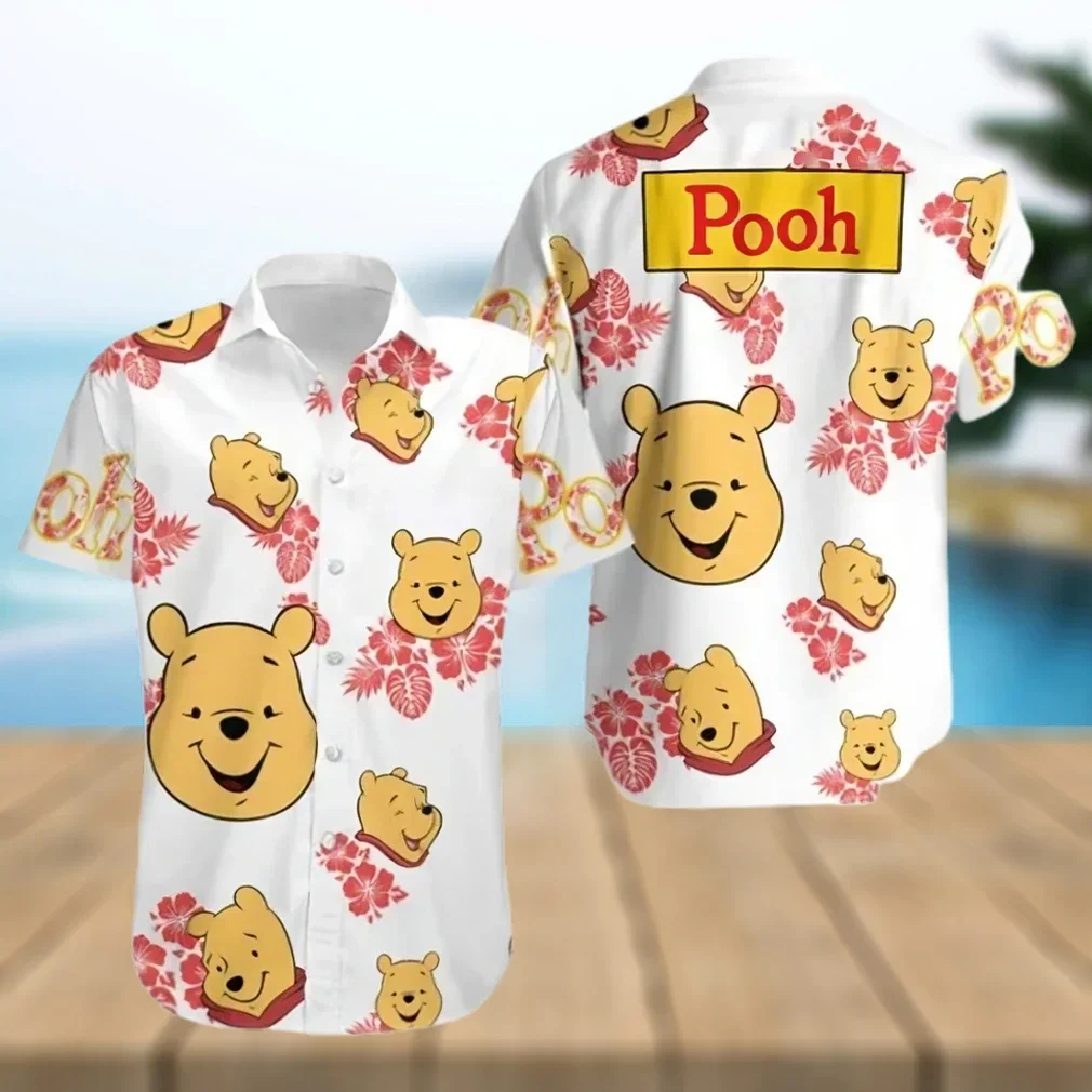 Potdemiel Co Branded Winnie Bear Hawaiian 3D Shirt, Cartoon Fashion Party Dress Men's And Women's Short Sleeved Shirt