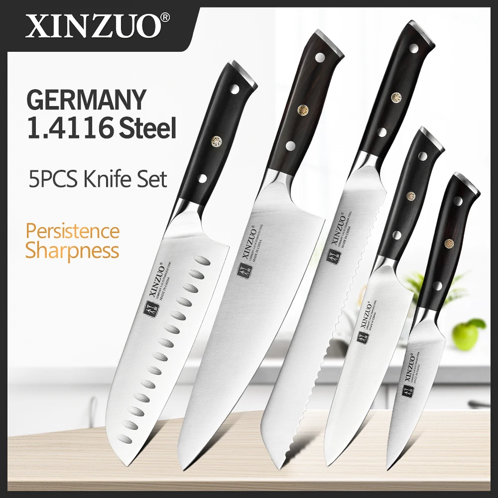XINZUO 1-5 sztuk zestaw noży ze stali nierdzewnej niemiecki 1.4116 stal szef kuchni chleb Utility Santoku Petty noże narzędzia kuchenne hebanowy uchwyt