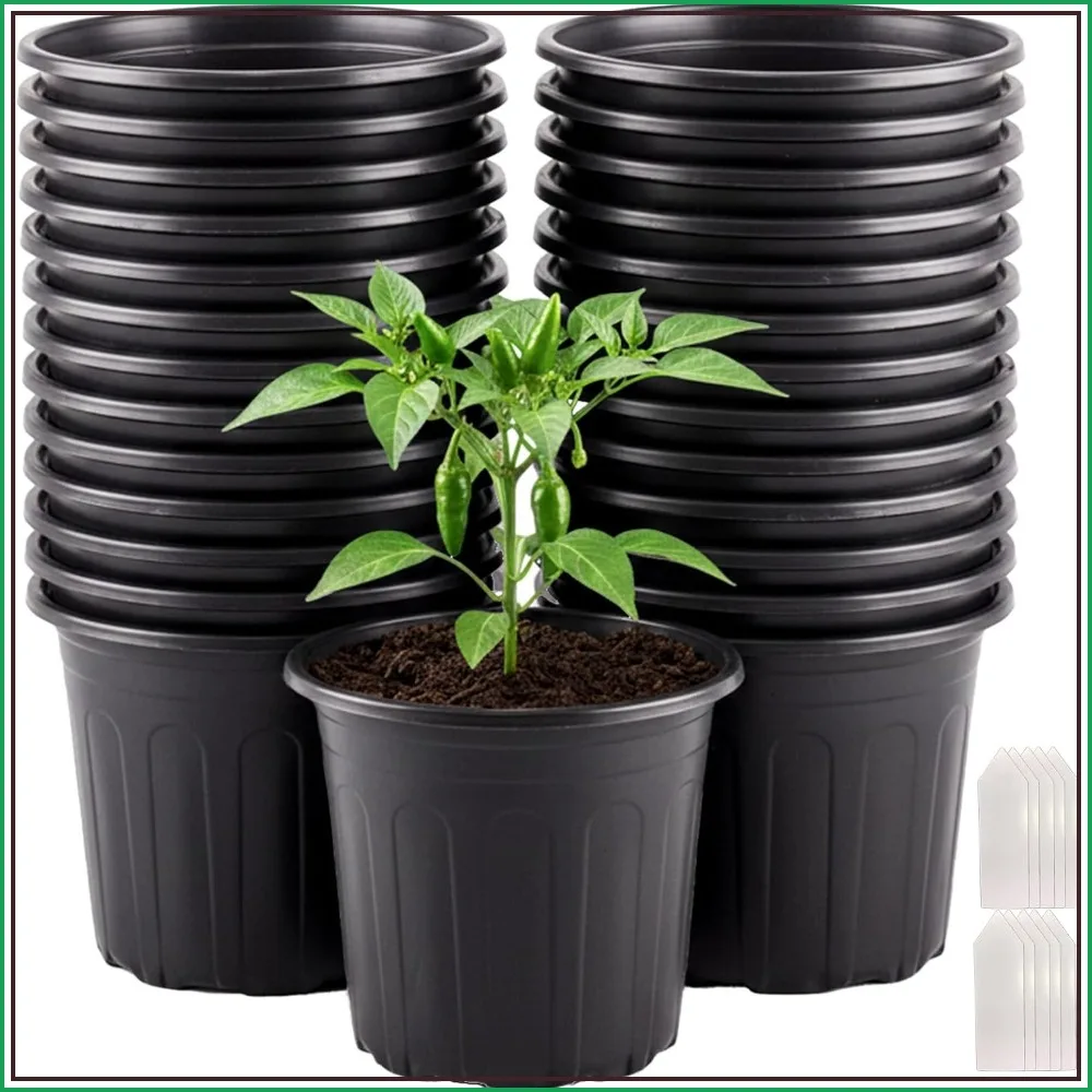 25 Pack 5 Gallon Flexible Nursery Pots with Drainage Holes & Plant Labels, Black