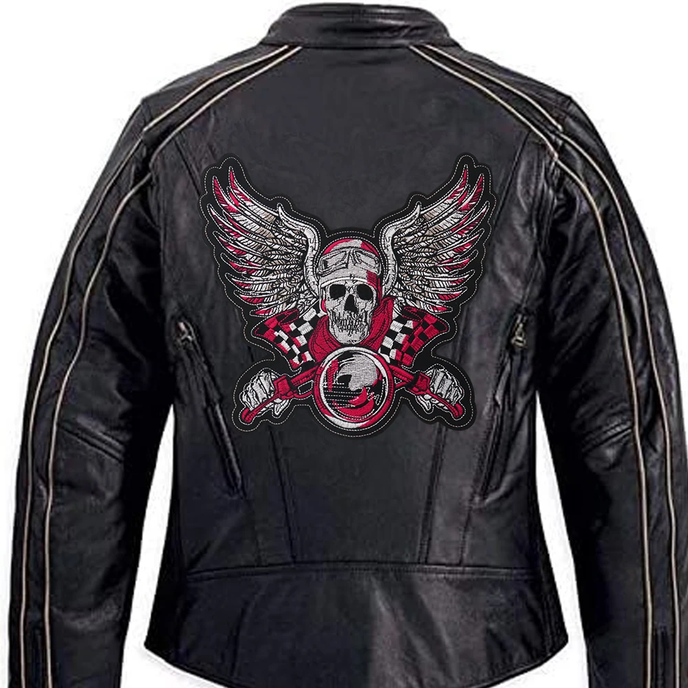 Victory Speed Racing Skull Patch Skeleton Wings Large Embroidered Iron On Applique Skull Motorcycle Jacket Back Badge