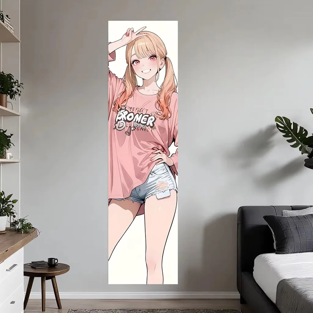 Kitagawa M-Marin Kawaii Anime Girl Tapestry, Pink Tee Denim Shorts Street Casual Pastel Wall Hanging for Teen Girls Dorm Bedroom