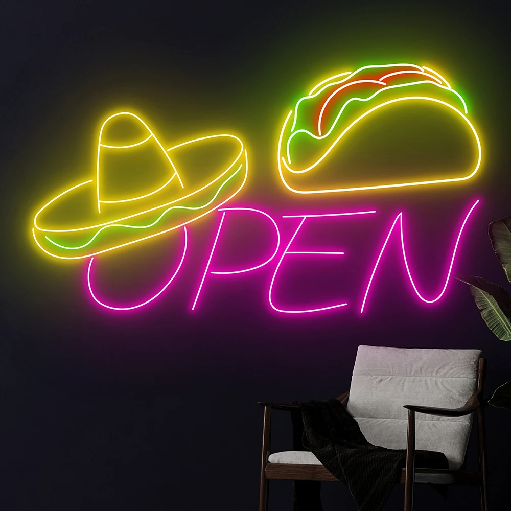 Mexican Tacos Open Neon Sign Mexico Restaurant Wall Decor Custom Neon Sign Mexican Tacos Food Store Kitchen Wall Art Led Light