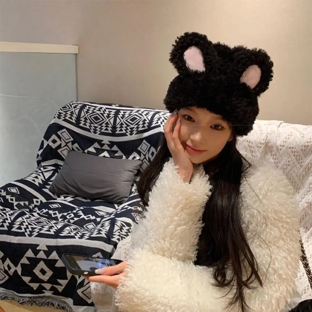 

Модная пушистая вязаная шапка-бини с кроличьими ушками, однотонная, эластичная, утепленная, милая зимняя теплая шапка для женщин