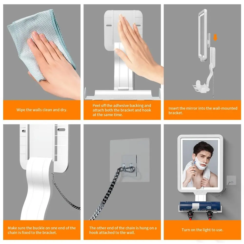 Rechargeable Battery Fogless Shower Mirror Waterproof 3 Color Modes Wall-Mounted Mirror Wall-Mounted Convenient Anti-Fog Mirror