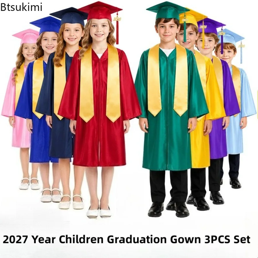 New 2027 Kindergarten Doctoral Uniforms Graduation Gown and Shawl Cap Sets Kids Elementary School Graduation Performance Outfits