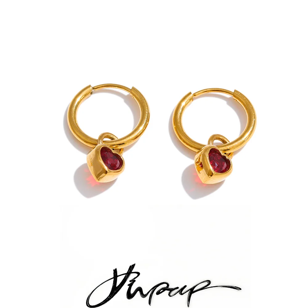 Yhpup Stainless Steel Cubic Zirconia Red White Heart Drop Small Hoop Earrings Valentine's Day Gift Charm Basic Daily Jewelry