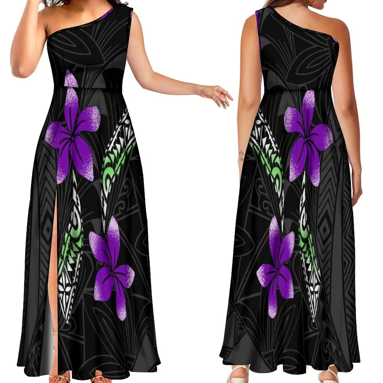 New Design Elegant Large Skirt Swing Slit Maxi Dress 2024 Summer Pacific Island Art Style Maxi Polynesian Print Women's Dress