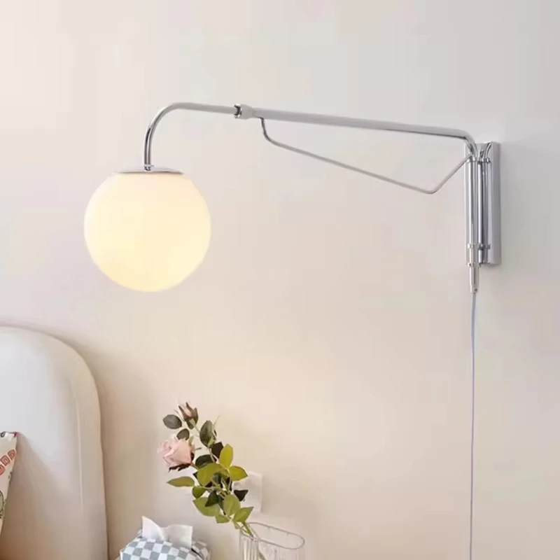 

Modern Chrome Long Pole Rocker Arm Wall Lamps Rotatable Retractable Long Arm Lamp Minimalist Bedroom Living Room Wall Lights E27