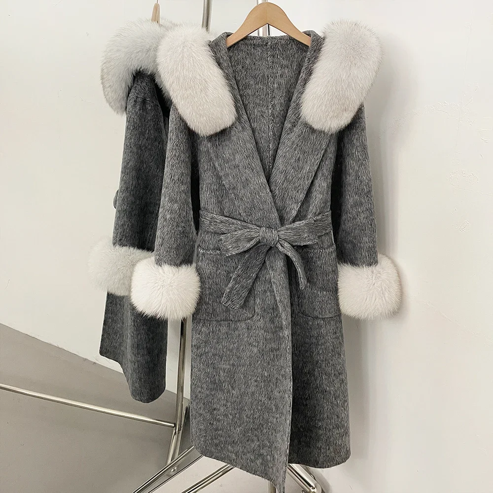OFTBUY Wollmantel mit Echtfellkragen und Kapuze, Gürtel, 100% Wolle, Damen, Herbst/Winter, Luxus, Lange Kleidung mit Naturfell – Detail 10
