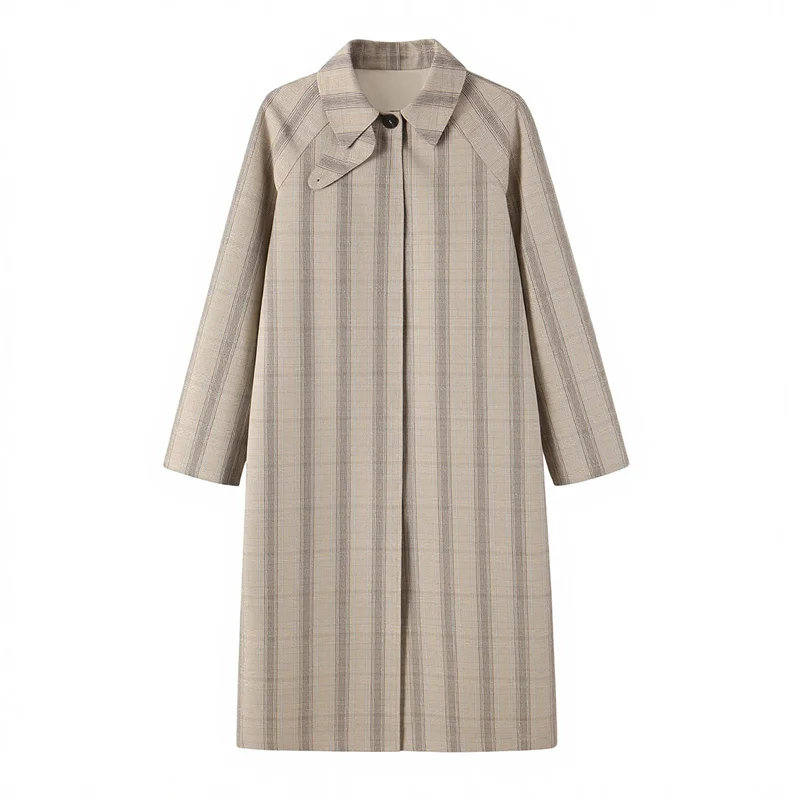 Guobioziy 2026 Women's Jacket Fall/Winter New Light Khaki Plaid Long-Sleeve Loose British-Style Trench Coat Elegant and Stylish