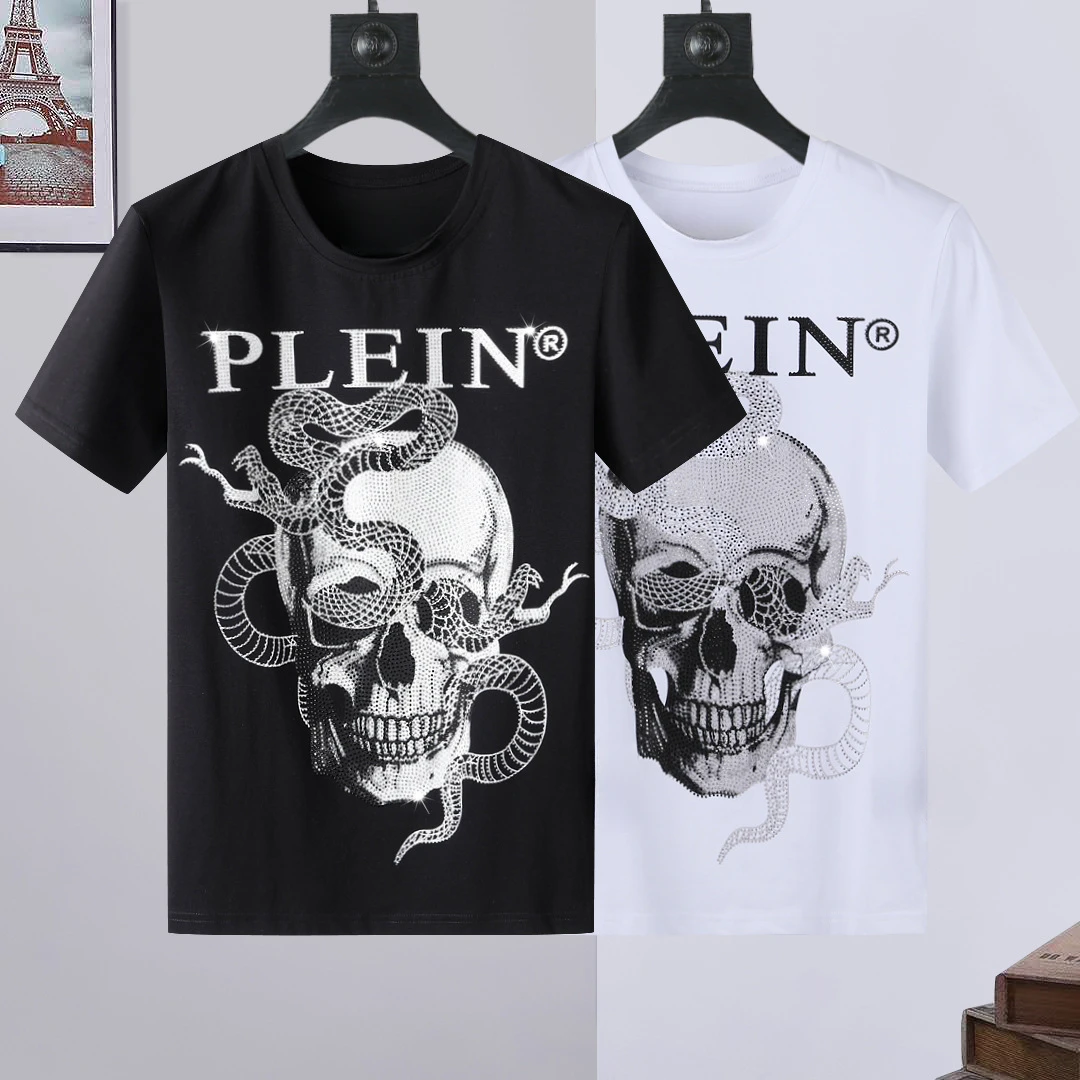 Plein Spring and Summer Short Sleeve Men's Round Neck T Domineering Personality Printed Skeleton Fashion Men and Women The Same