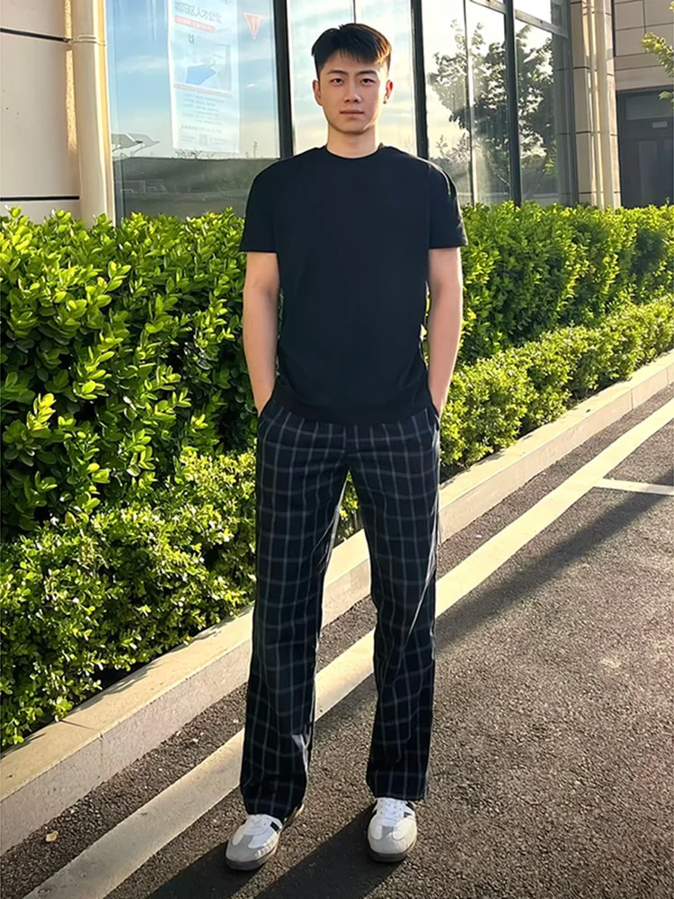 

Брюки в клетку в американском стиле ретро, мужские повседневные брюки с микро-расклешенными ножками, прямые брюки Cleanfit, удобные джинсы свободного покроя