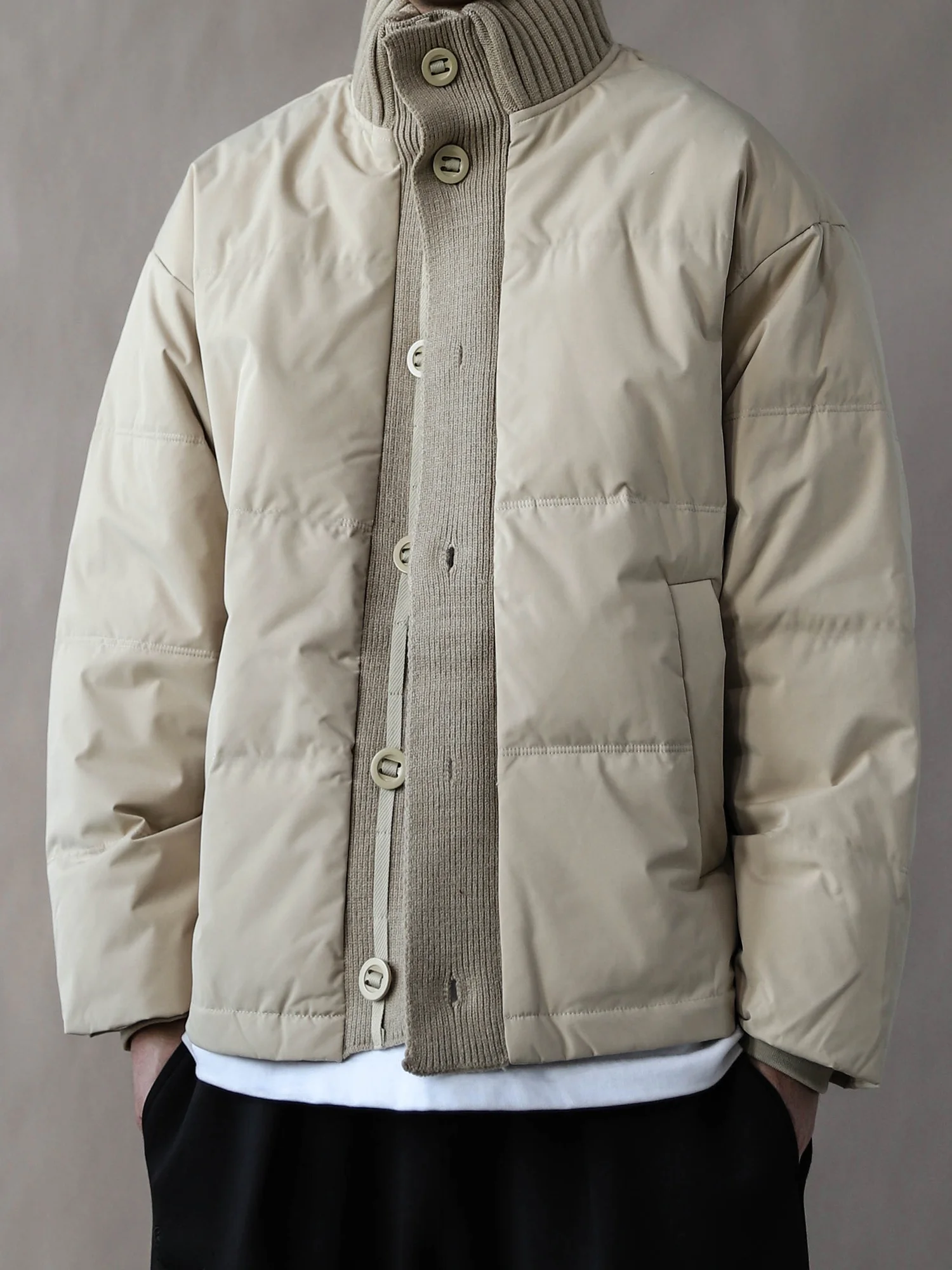 

Retro Sle Men's down Jaet Stand Collar Knitted Du down Loose Fit Winter Outerwear Warm Khaki Color Ci Casual Wear