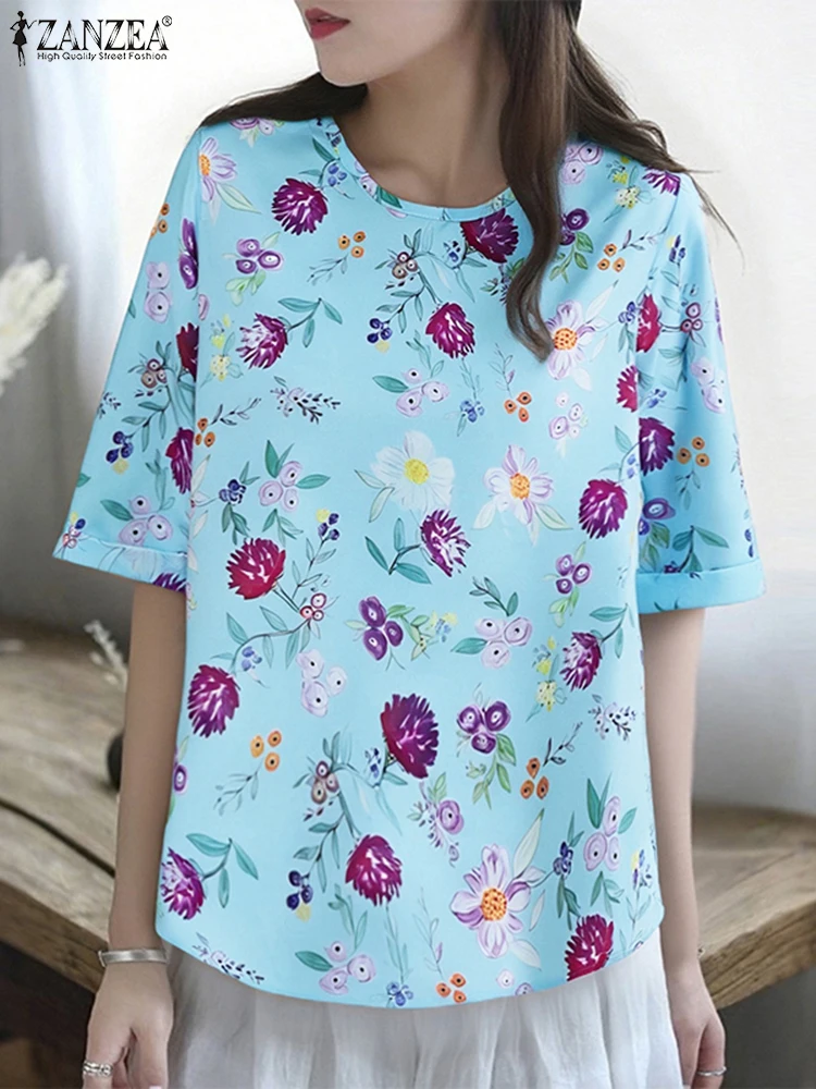 ZANZEA Summer Blouses Women Vintage Floral Printing Shirts 2025 Half Sleeve Casual Holiday Tops Tunic Loose Blusas Oversized