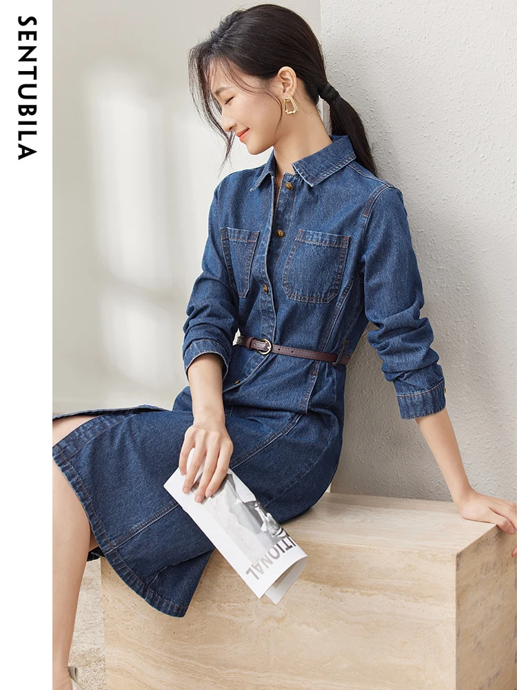 SENTUBILA 100% Cotton Denim Dresses Women 2024 Autumn Long Sleeve Button Up Midi Temperament Trendy Belt Dress Female W33L50577