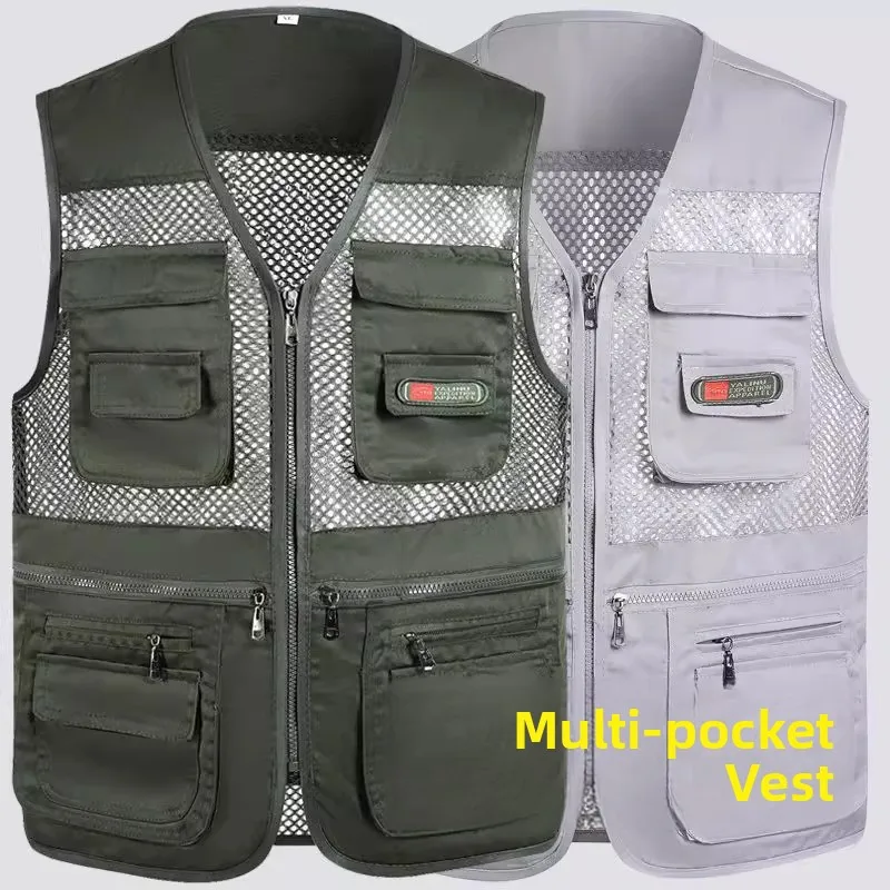 Summer Men's Mesh Vest Thin V-Neck Zipper Multi-Pocket Lightweight Outerwear Business Casual Standard Fit Polyester Fabric