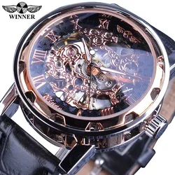 Winner Black Gold Male Clock Men Relogios Skeleton Mens Watches Top Brand Luxury Montre Leather Wristwatch Men Mechanical Watch