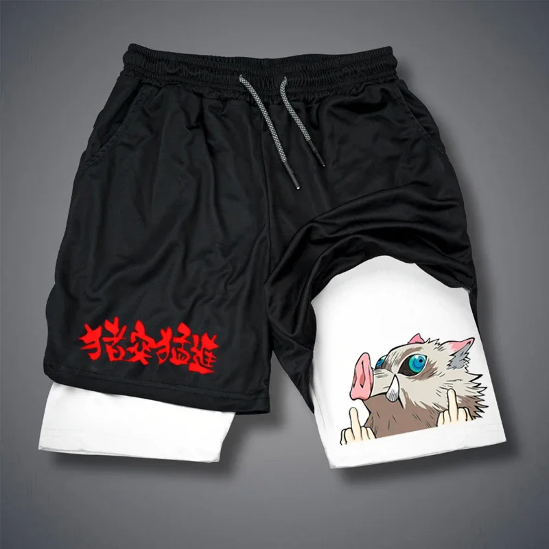 남성 피트니스 퍼포먼스 러닝 트레이닝 스포츠 반바지 패션 프린트 2-In-1 더블 레이어 여름 메쉬 속건성 비치 반바지