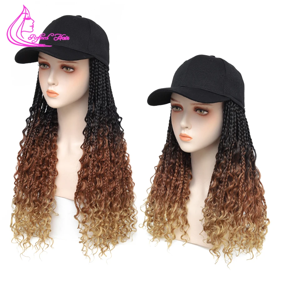 Perruques synthétiques Boho tressées, casquette de Baseball avec extrémités bouclées, boîte sans nœud, cheveux tressés pour femmes noires, Ombre noire brune