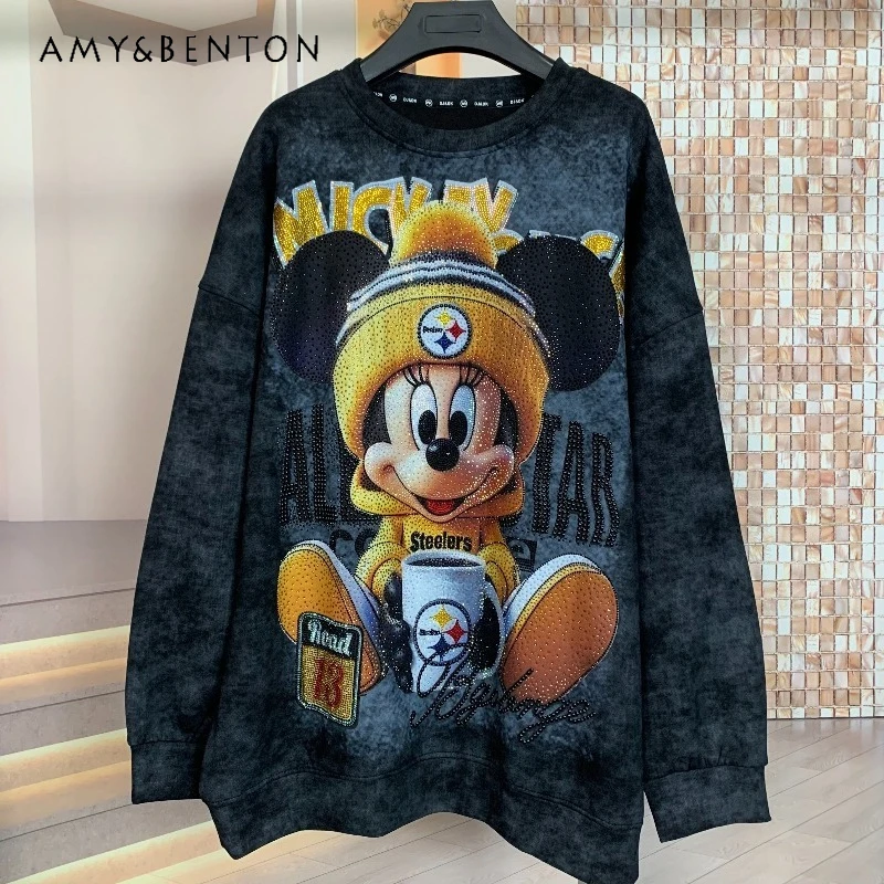 

Autumn Winter Fleece Air Cotton Heavy Industry Full Diamond Hoodies Age-Reducing Fashion Cartoon Loose Round Neck Sweatshirt Top