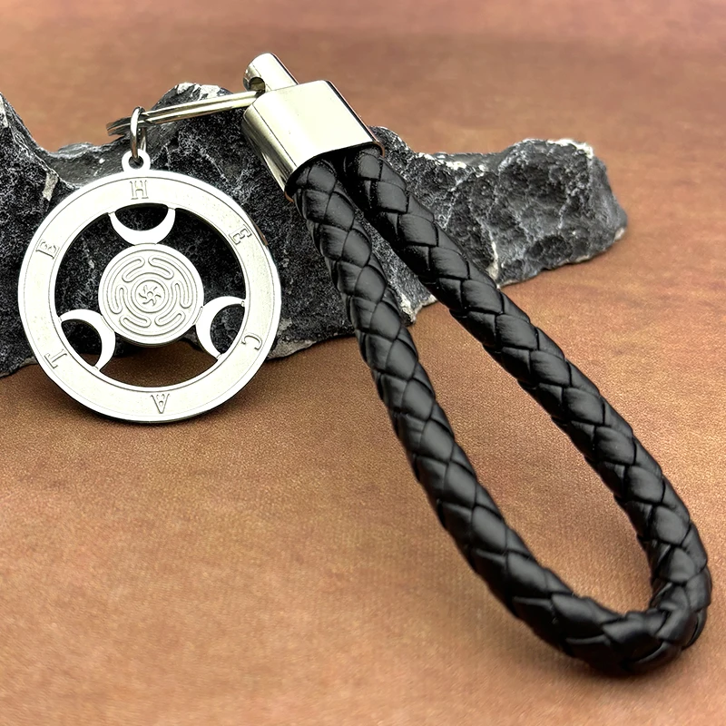 Wicca Triple Moon Goddness Hekate Wheel Stainless Steel Key Chain Strophalos Hecate Magic Symbol Charm PIN Pu Leather Jewelry