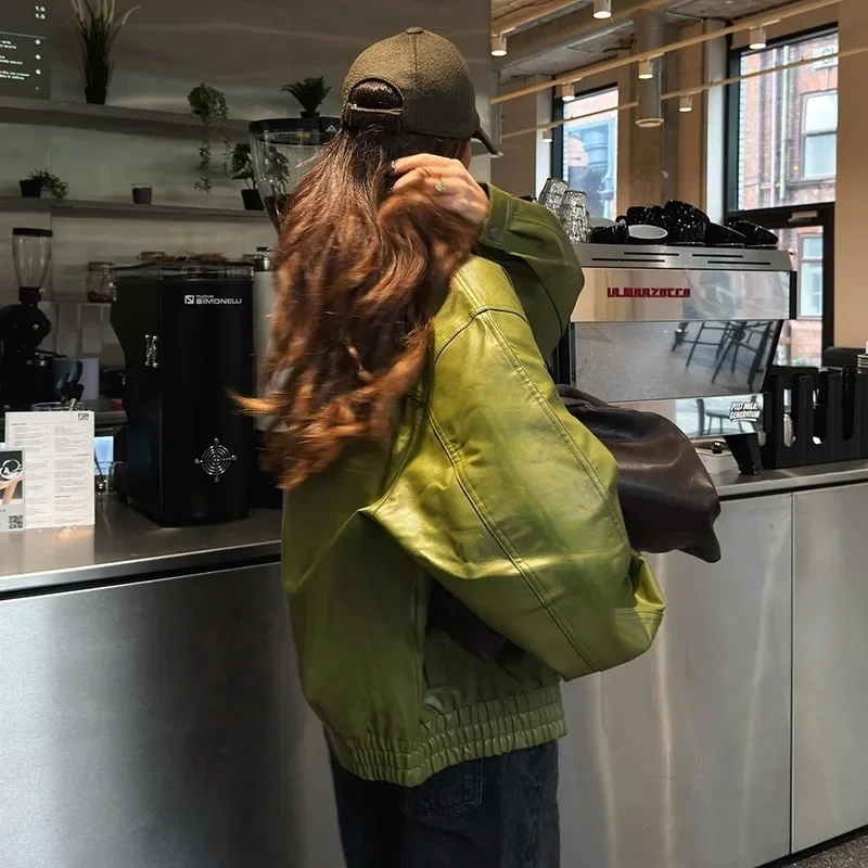 Olive Green Leather Jacket Coat Silhouette Vintage High Street Trend Zipper Lapel Short Overcoat Loose Casual Top Outwear Autumn