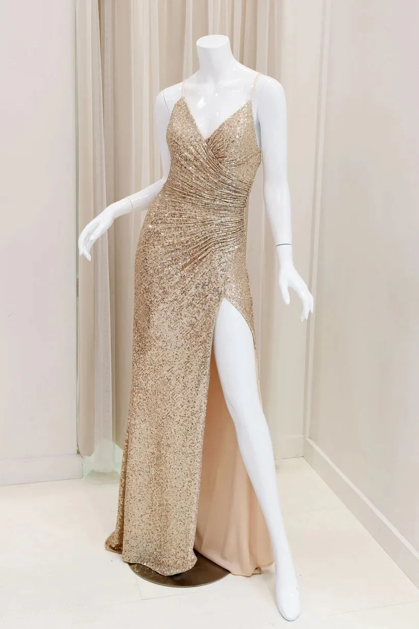BABYONLINE D.R.E.S.S. Sequin Corset Lace Up Formal Dress Cross-Back Strappy Lace-up Belt Stretch Sequins Dress Evening Gown